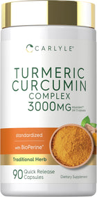 Turmeric Curcumin Complex 3000mg per 3 capsules, 90 Quick Release Capsules, standardized with BioPerine for enhanced absorption.