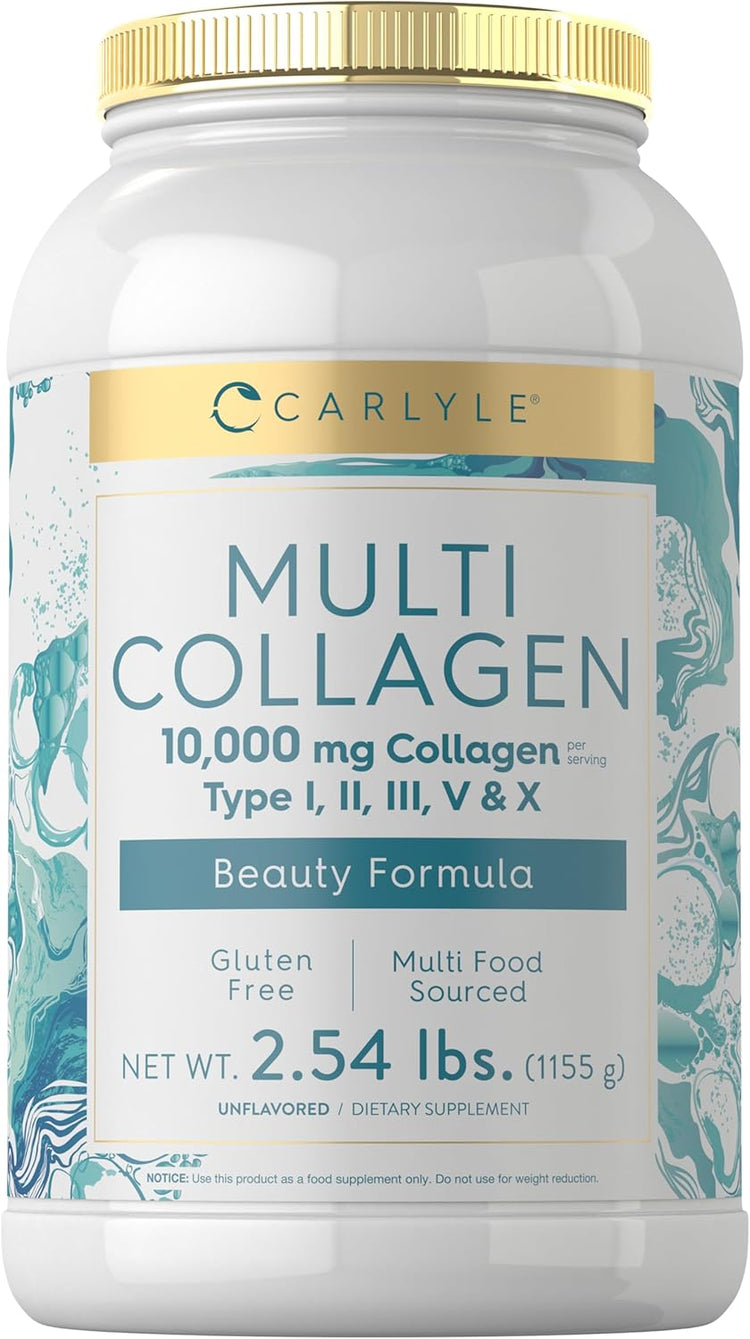 Carlyle Multi Collagen Powder, 10,000 mg Collagen per serving, Type I, II, III, V & X, Beauty Formula, 2.54 lbs (1155 g), Unflavored.