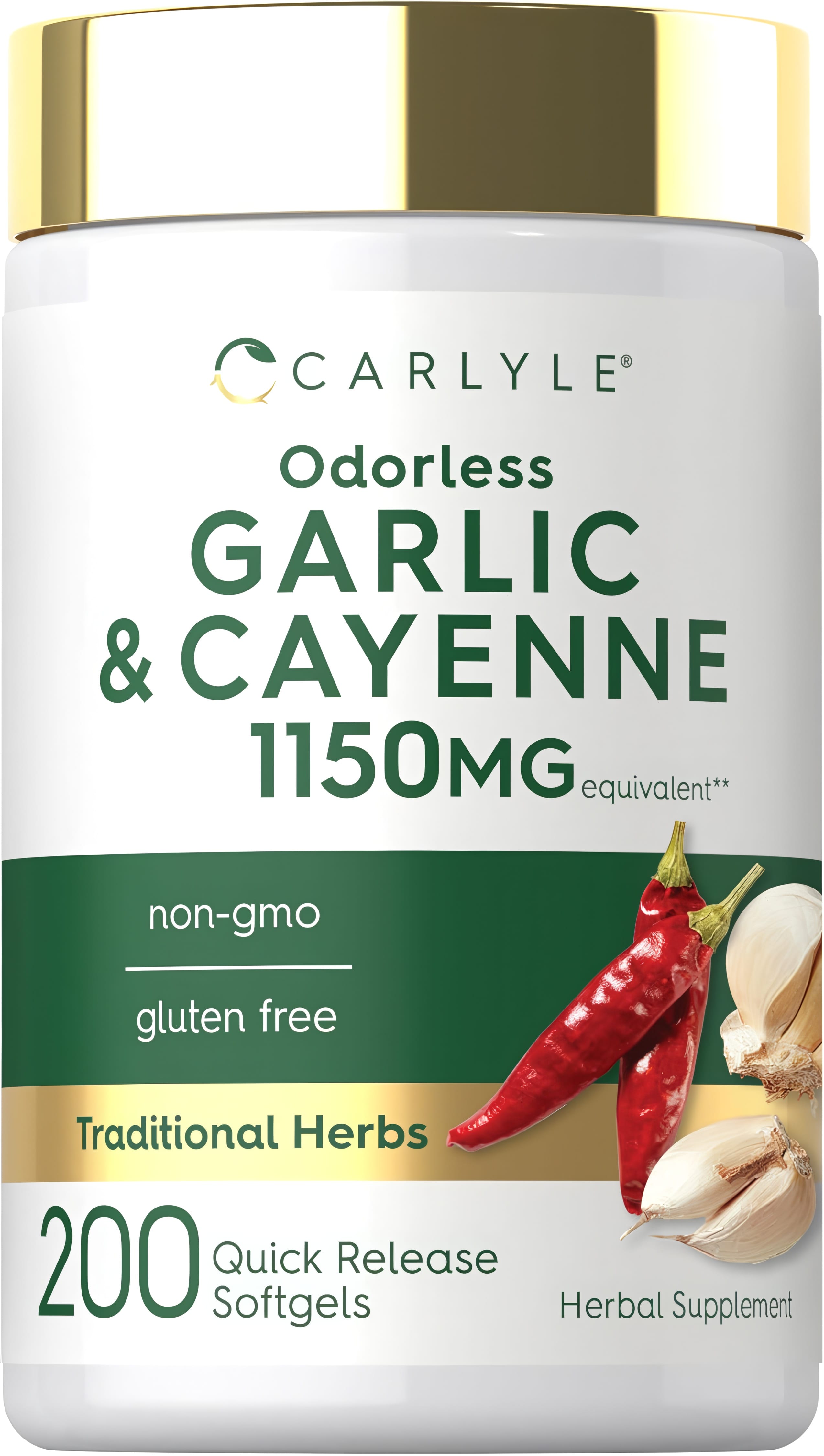 Carlyle Odorless Garlic & Cayenne 1150MG, 200 Quick Release Softgels. Non-GMO and Gluten-Free Herbal Supplement.