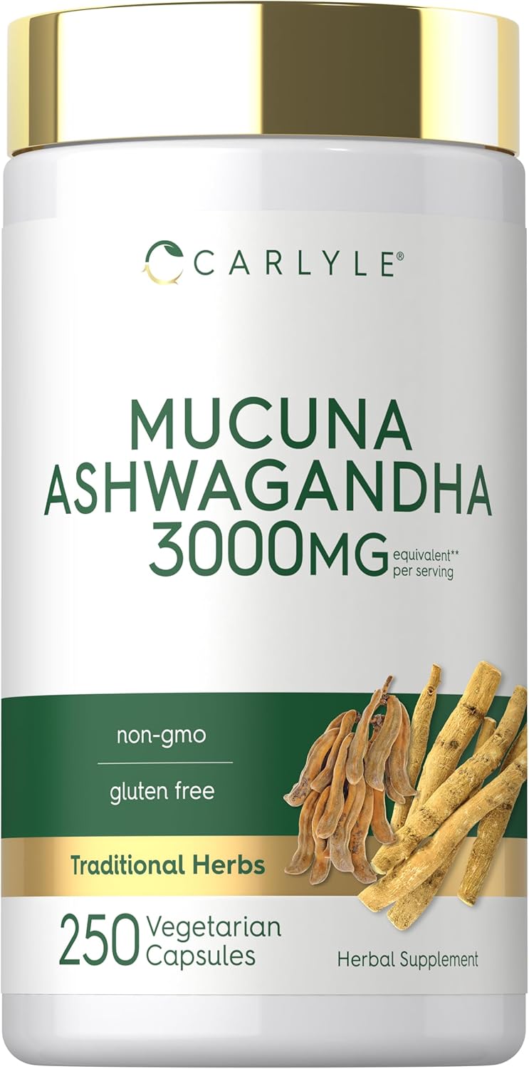 Carlyle Mucuna Ashwagandha 3000mg per serving, 250 vegetarian capsules displayed.