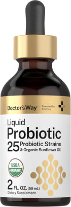 Doctor's Way Liquid Probiotic with 25 strains and organic sunflower oil, 2 fl. oz. (59 mL) bottle.
