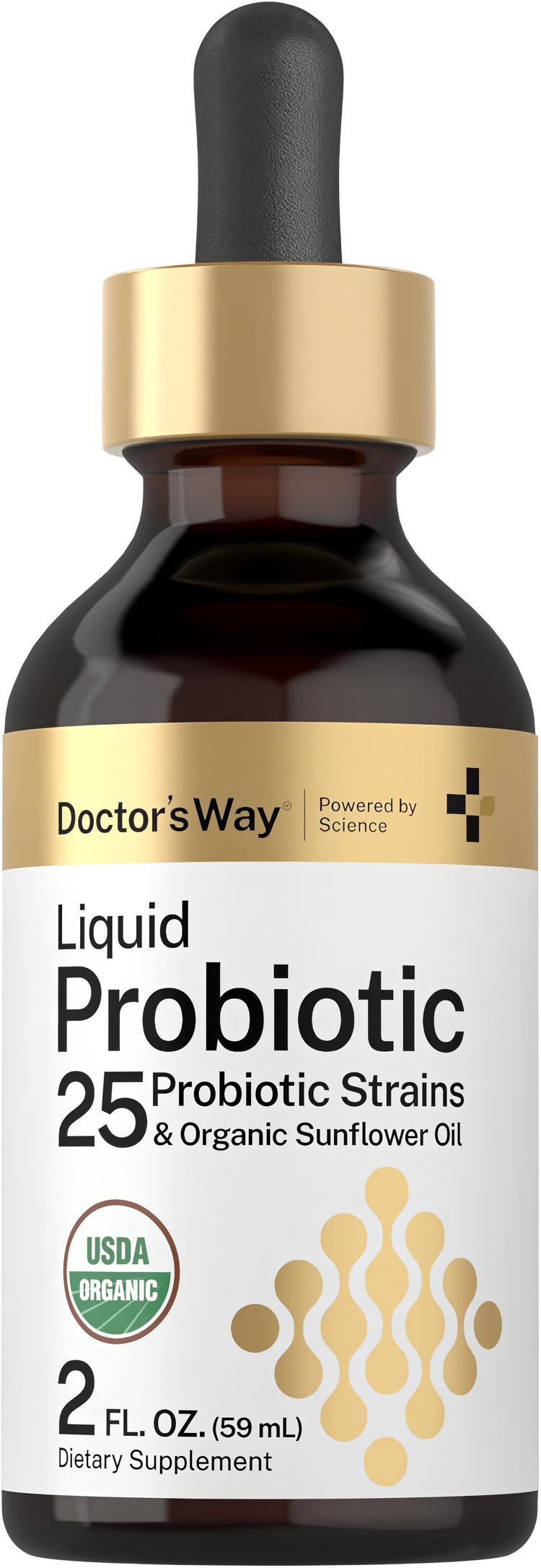 Doctor's Way Liquid Probiotic with 25 strains and organic sunflower oil, 2 fl. oz. (59 mL) bottle.
