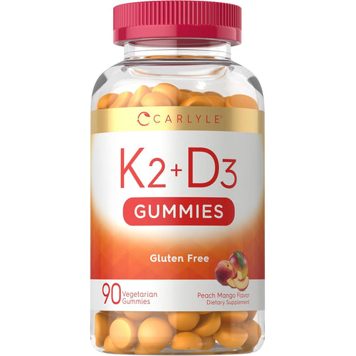 View 1 Carlyle K2+D3 Gummies, 90 Vegetarian, Peach Mango Flavor, Gluten Free Dietary Supplement.