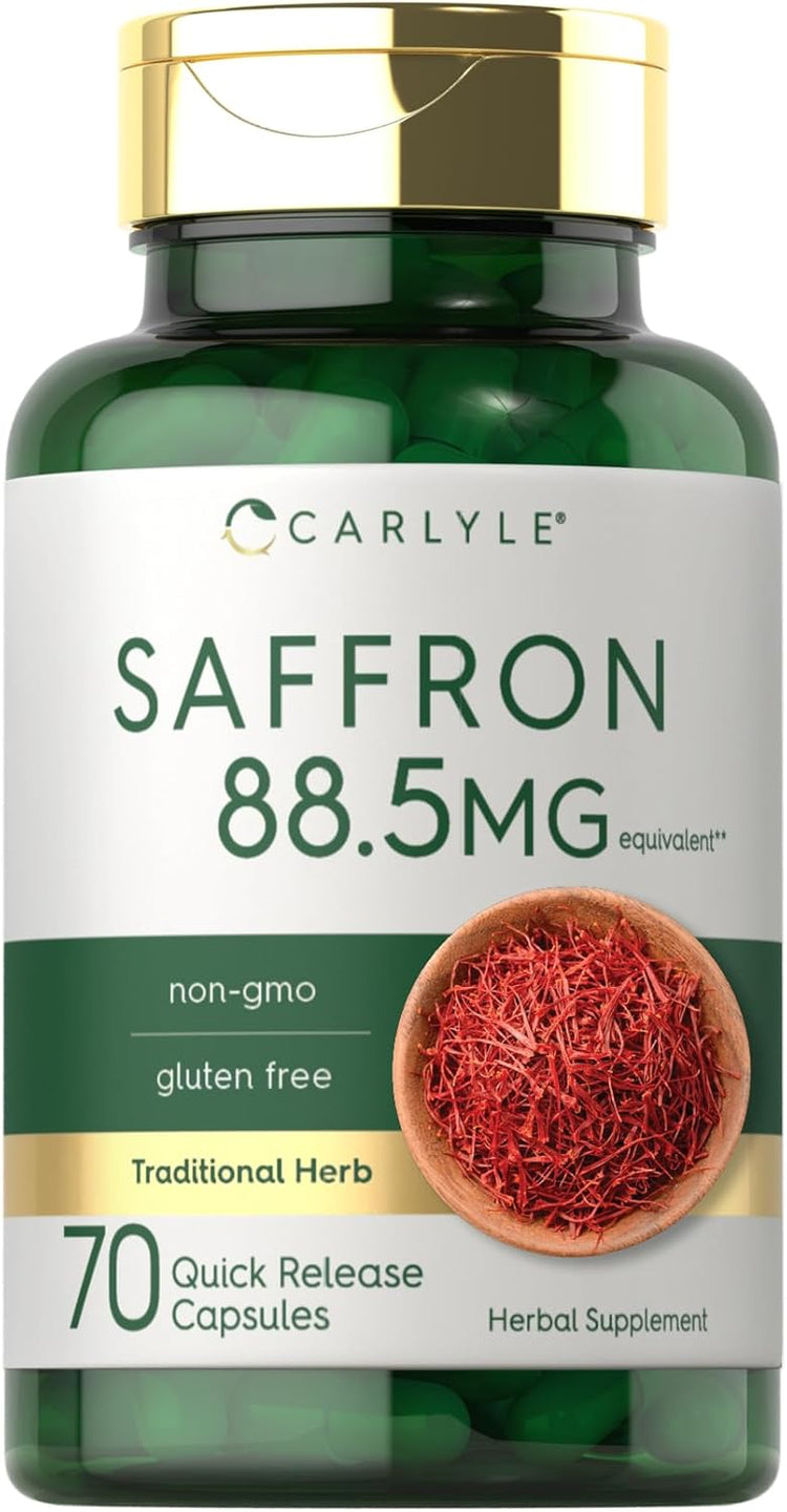 Carlyle Saffron 88.5mg equivalent** bottle, non-gmo, gluten free, Traditional Herb, 70 Quick Release Capsules, Herbal Supplement.