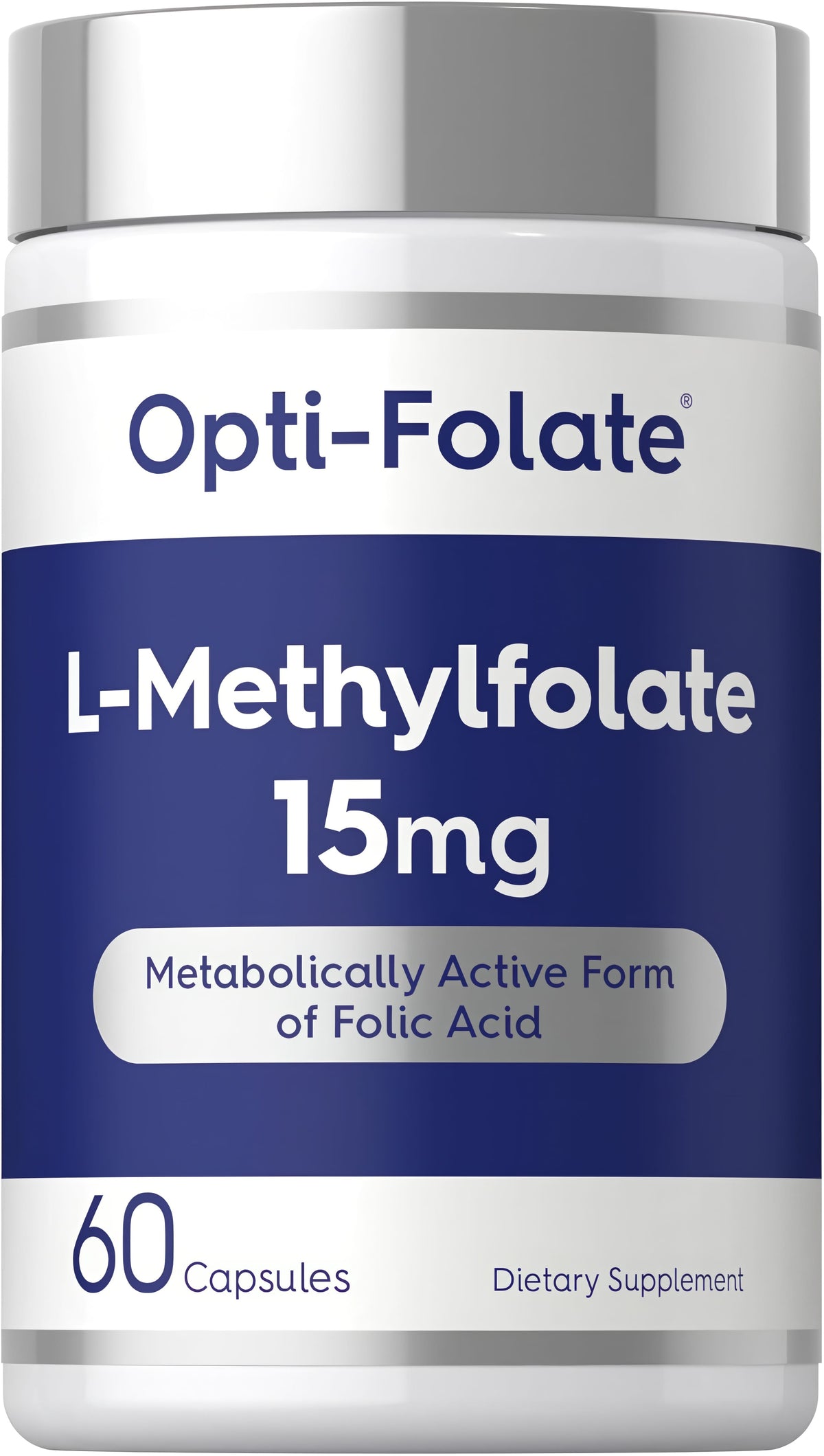 Opti-Folate L-Methylfolate 15mg, a metabolically active form of folic acid, in a bottle of 60 capsules dietary supplement.
