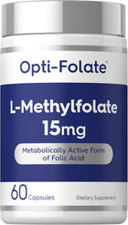 Opti-Folate L-Methylfolate 15mg, a metabolically active form of folic acid, in a bottle of 60 capsules dietary supplement.