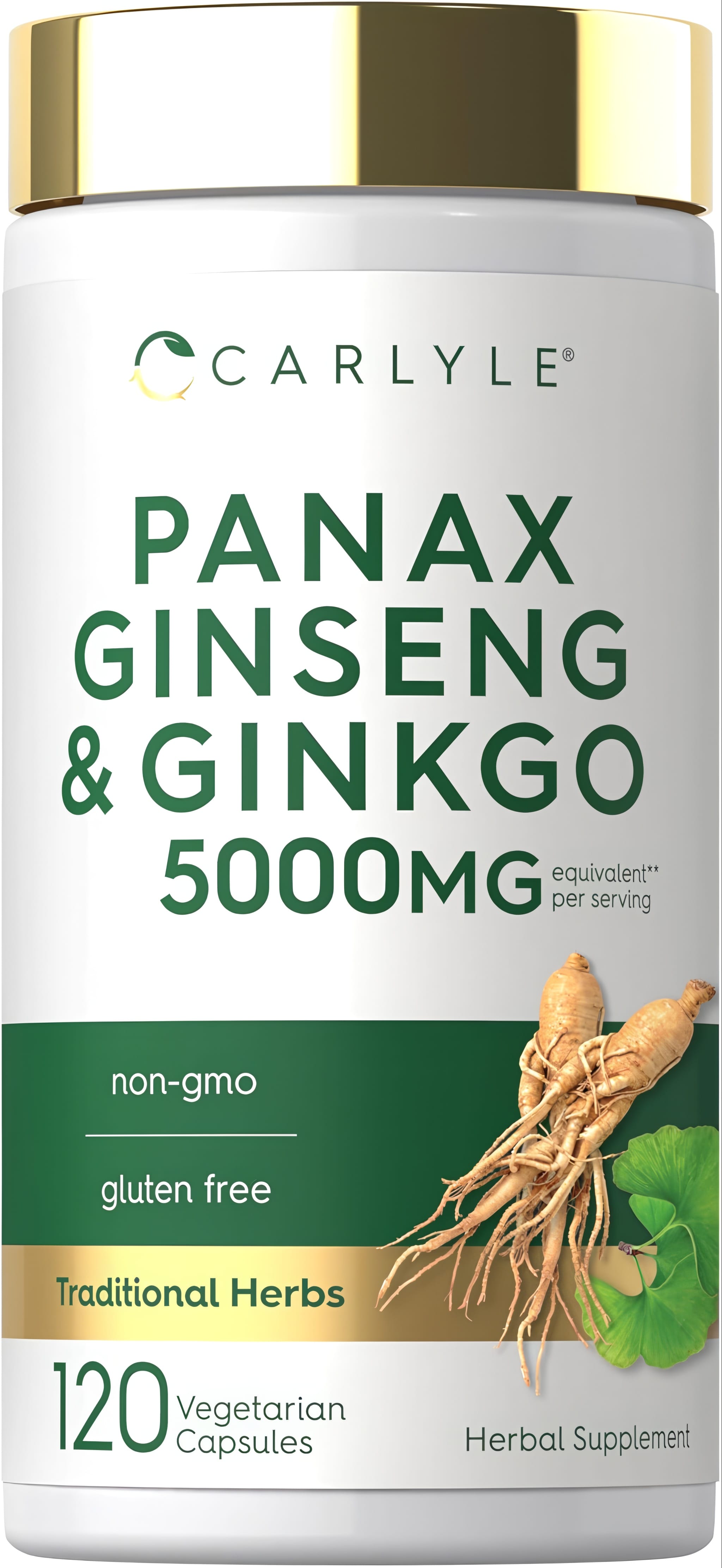 Panax Ginseng and Ginkgo supplement with 5000mg equivalent per serving, 120 vegetarian capsules.