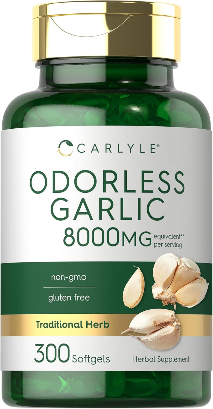 Carlyle Odorless Garlic 8000mg equivalent per serving, non-gmo, gluten free, Traditional Herb, 300 Softgels, Herbal Supplement.