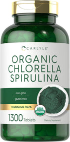 Carlyle Organic Chlorella Spirulina bottle containing 1300 tablets, suitable for health and wellness enthusiasts.