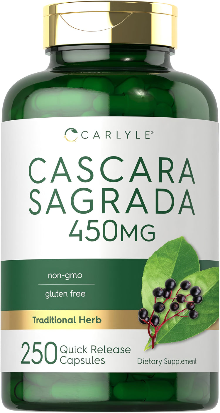 Cascara Sagrada 450 mg, 250 quick release capsules, non-GMO and gluten-free supplement.