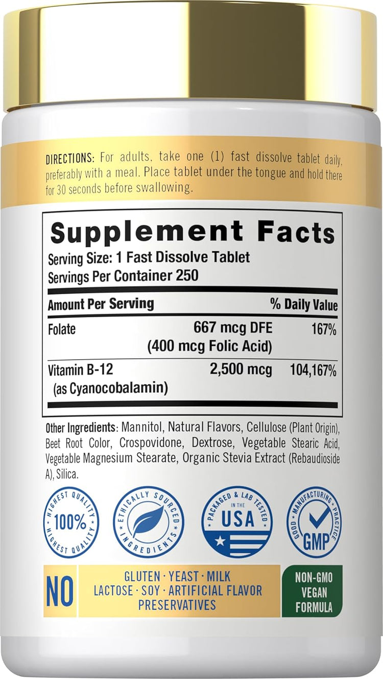 Carlyle B-12 2500 mcg with Folic 400 mcg bottle containing 250 fast dissolve tablets.