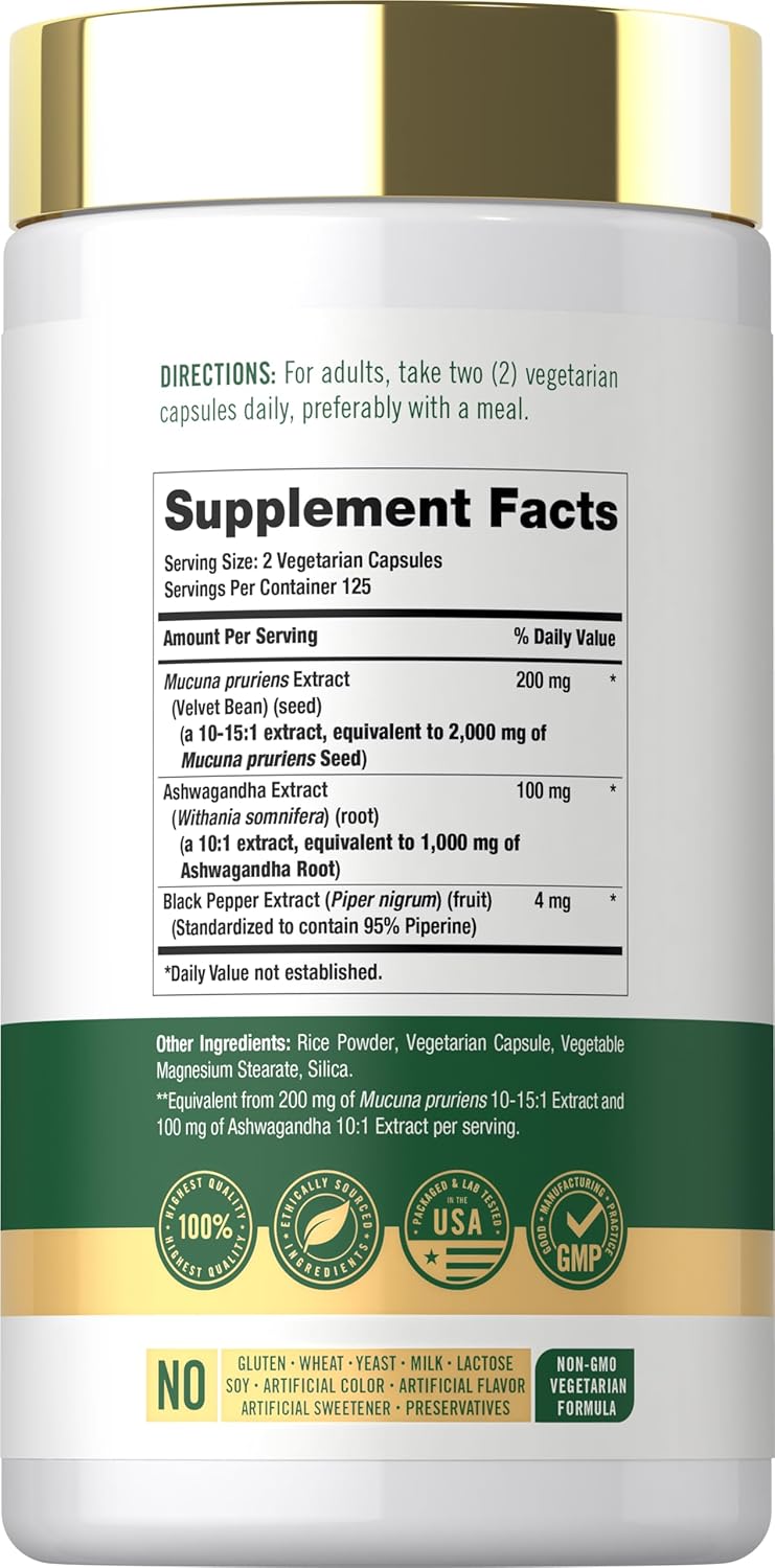 Carlyle Mucuna Ashwagandha 3000mg 250 Vegetarian Capsules bottle displaying Supplement Facts and dietary attributes.
