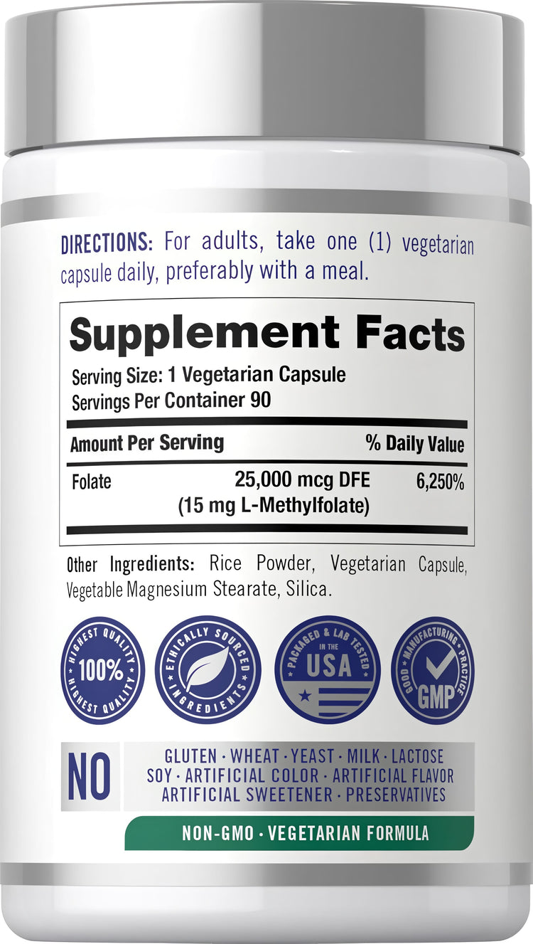 Supplement Facts panel displaying L-Methylfolate 15 mg for 90 capsules.