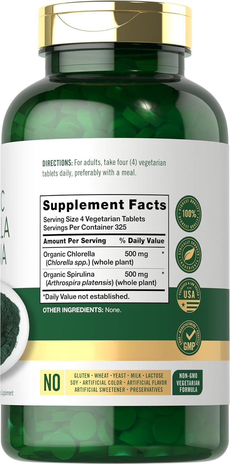 Carlyle Organic Chlorella Spirulina 50/50 blend contains 1300 vegetarian tablets.