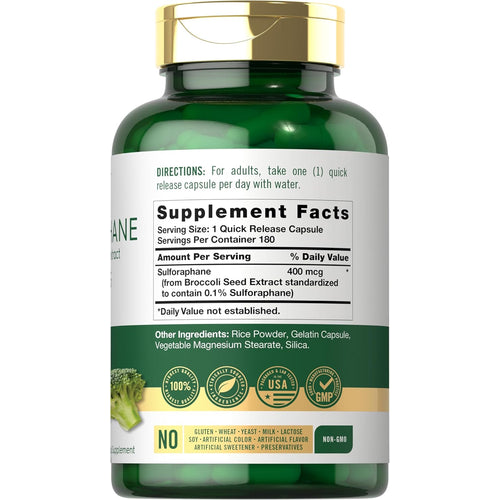 View 2 Sulforaphane from broccoli in a bottle of 180 quick-release capsules.