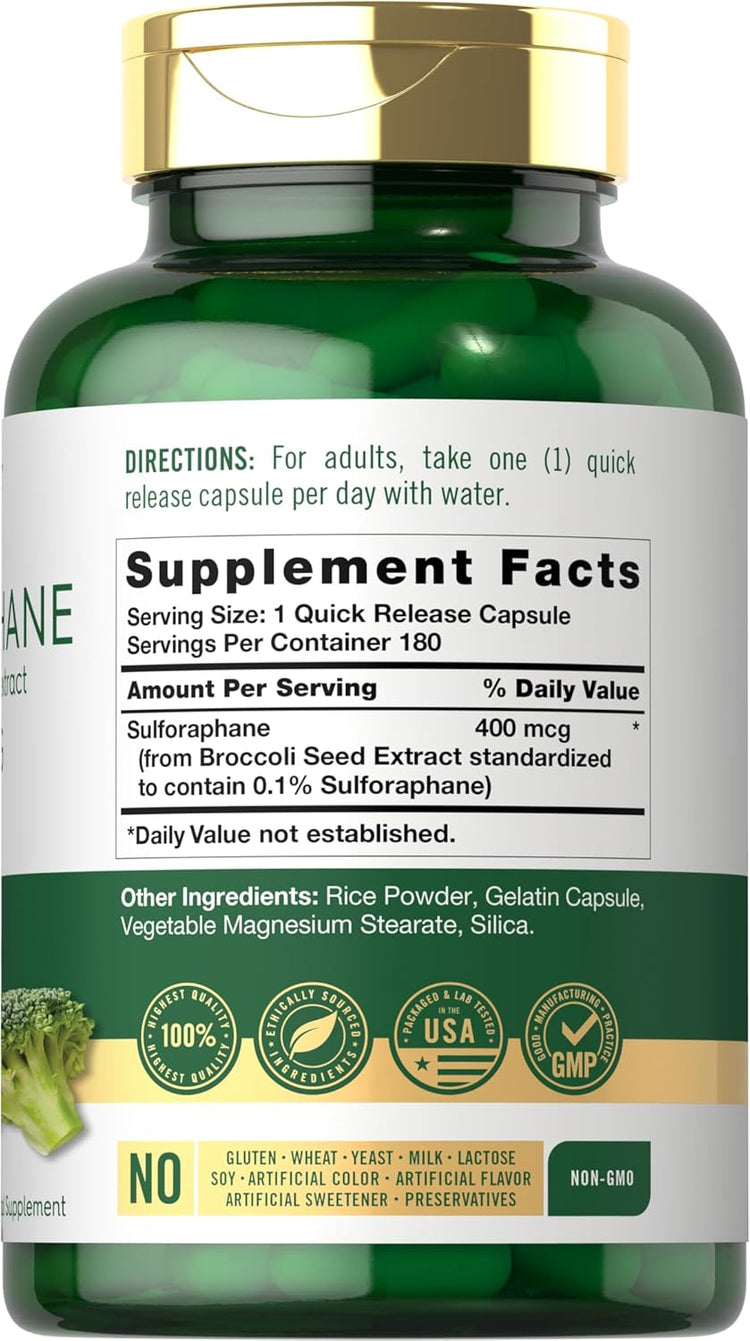 Sulforaphane from broccoli in a bottle of 180 quick-release capsules.