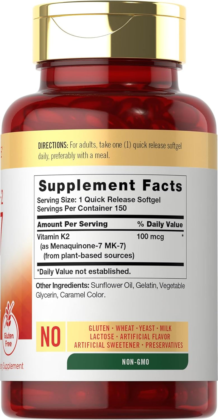 Supplement Facts panel for CL Carlyle Vitamin K2 with MK-7, offering 100 mcg and 150 softgels per bottle.