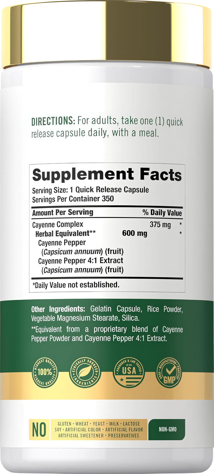 Label for Carlyle Cayenne 600 mg, 350 capsules, showing supplement facts.