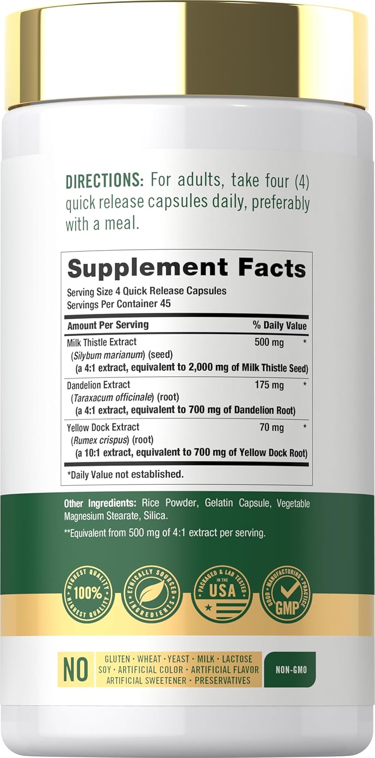 Carlyle Milk Thistle 2000 mg capsules with Dandelion and Yellow Dock, 180 quick release capsules.