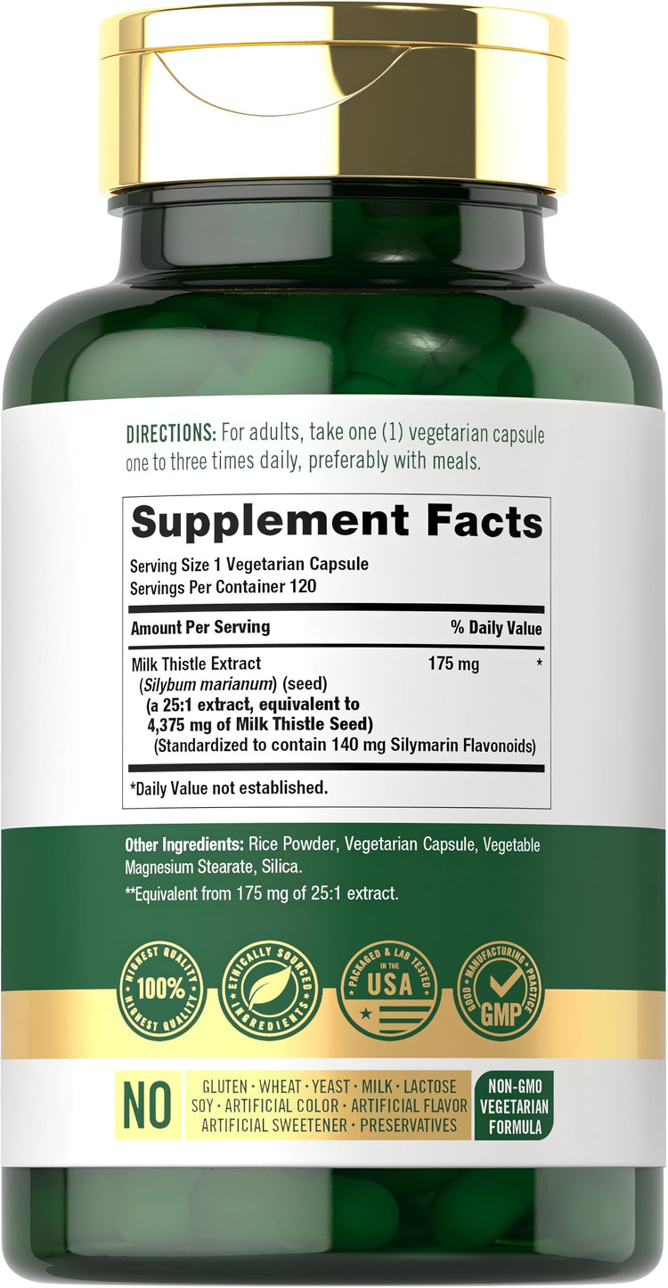 Supplement Facts panel for CL Carlyle Milk Thistle 4,375 mg, 120 Capsules, showing detailed nutritional information.