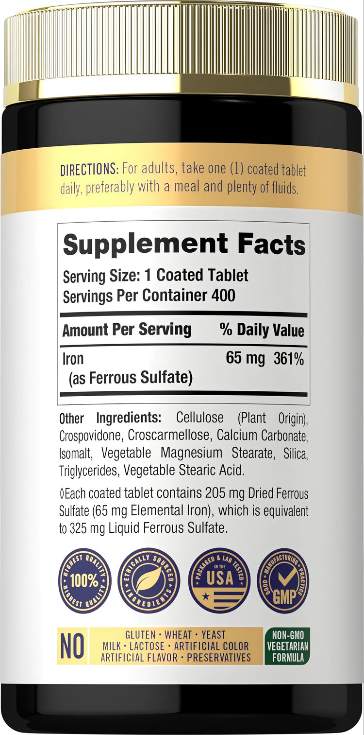 Carlyle Iron (Ferrous Sulfate) offers 400 coated tablets with 65 mg per tablet.