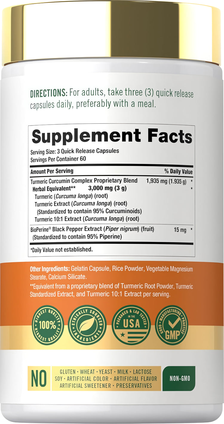 Supplement Facts panel displaying details for Turmeric Complex 3000 mg Capsules with 180-count packaging.