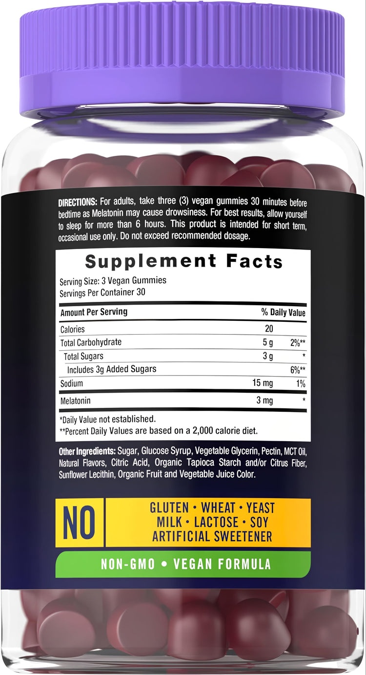 Carlyle Melatonin 3 mg, 90 vegan gummies. Non-GMO, free from gluten, wheat, yeast, milk, lactose, soy, artificial sweeteners.