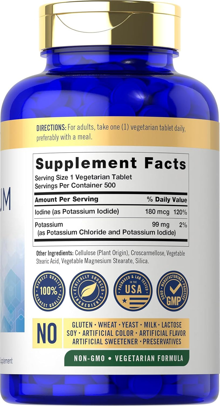 Carlyle Potassium supplement with 99 mg per tablet, available in a bottle of 500 tablets for daily mineral support.