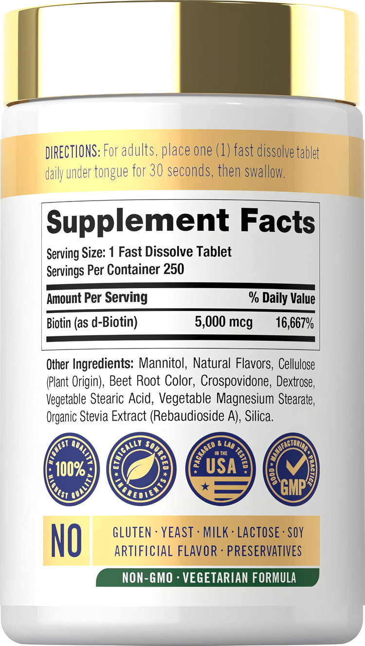 Back label of CL Carlyle Biotin 5000mcg 250 Fast Dissolve Tablet showing Supplement Facts, ingredients, and dietary claims.