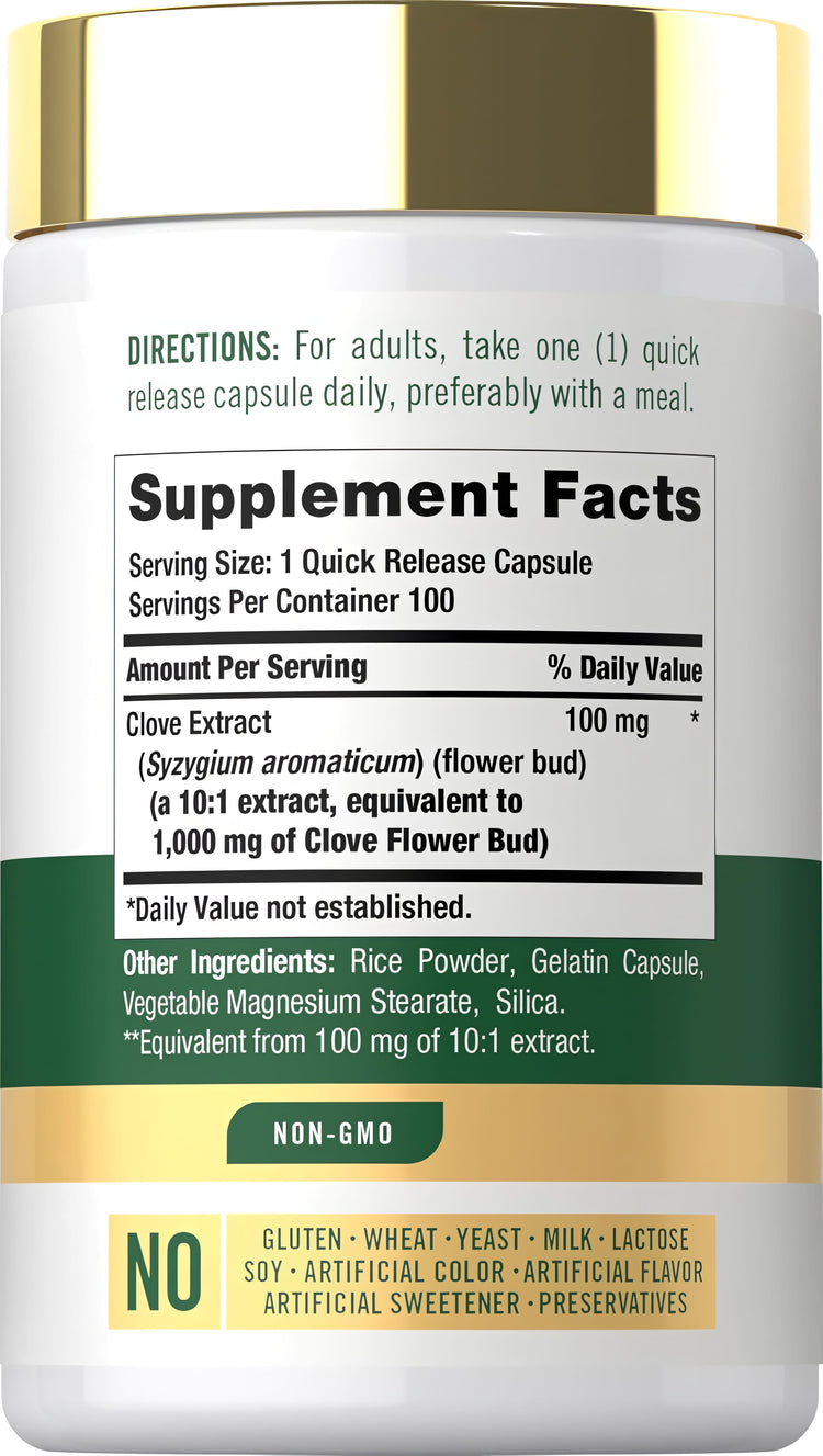 Supplement Facts panel displaying details for Cloves 1000 mg in a bottle of 100 capsules.