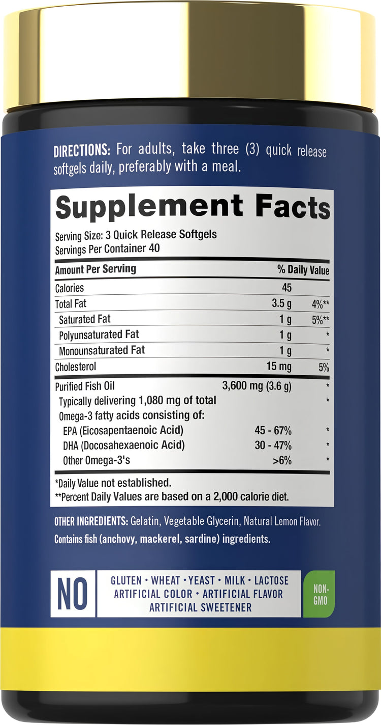 Supplement Facts panel for Carlyle Omega-3 Fish Oil Lemon Flavor, 3600 mg, 120 Softgels.