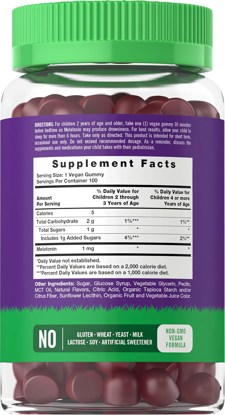 Supplement Facts panel for Carlyle Kids Melatonin 1mg, 100 gummies, details dosage and ingredients.