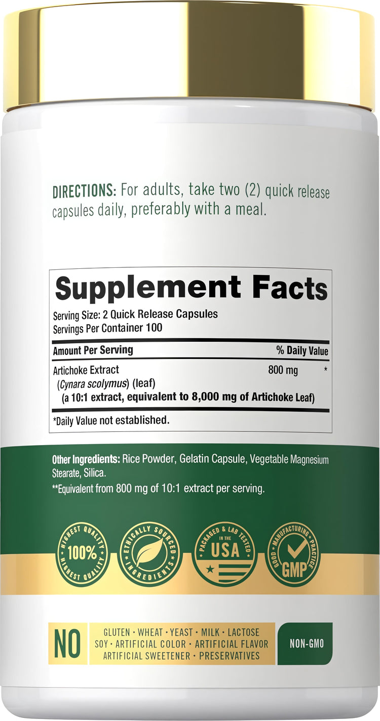 Supplement Facts panel for Carlyle Artichoke 8000 mg, 200 Capsules, providing detailed nutritional information.
