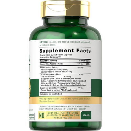 View 2 Supplement Facts panel displayed for Carlyle Leg Vein Support with 180 Capsules.