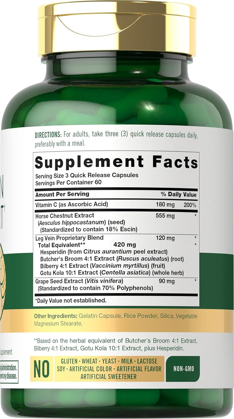 Supplement Facts panel displayed for Carlyle Leg Vein Support with 180 Capsules.
