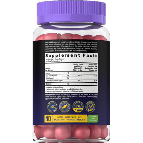 View 2 Image of Supplement Facts for Carlyle 1mg Kids Melatonin Gummy, 70 count bottle, detailing nutritional information and ingredients.