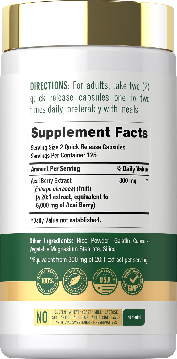Acai Berry supplement containing 6000 mg per serving in a bottle of 250 quick-release capsules.