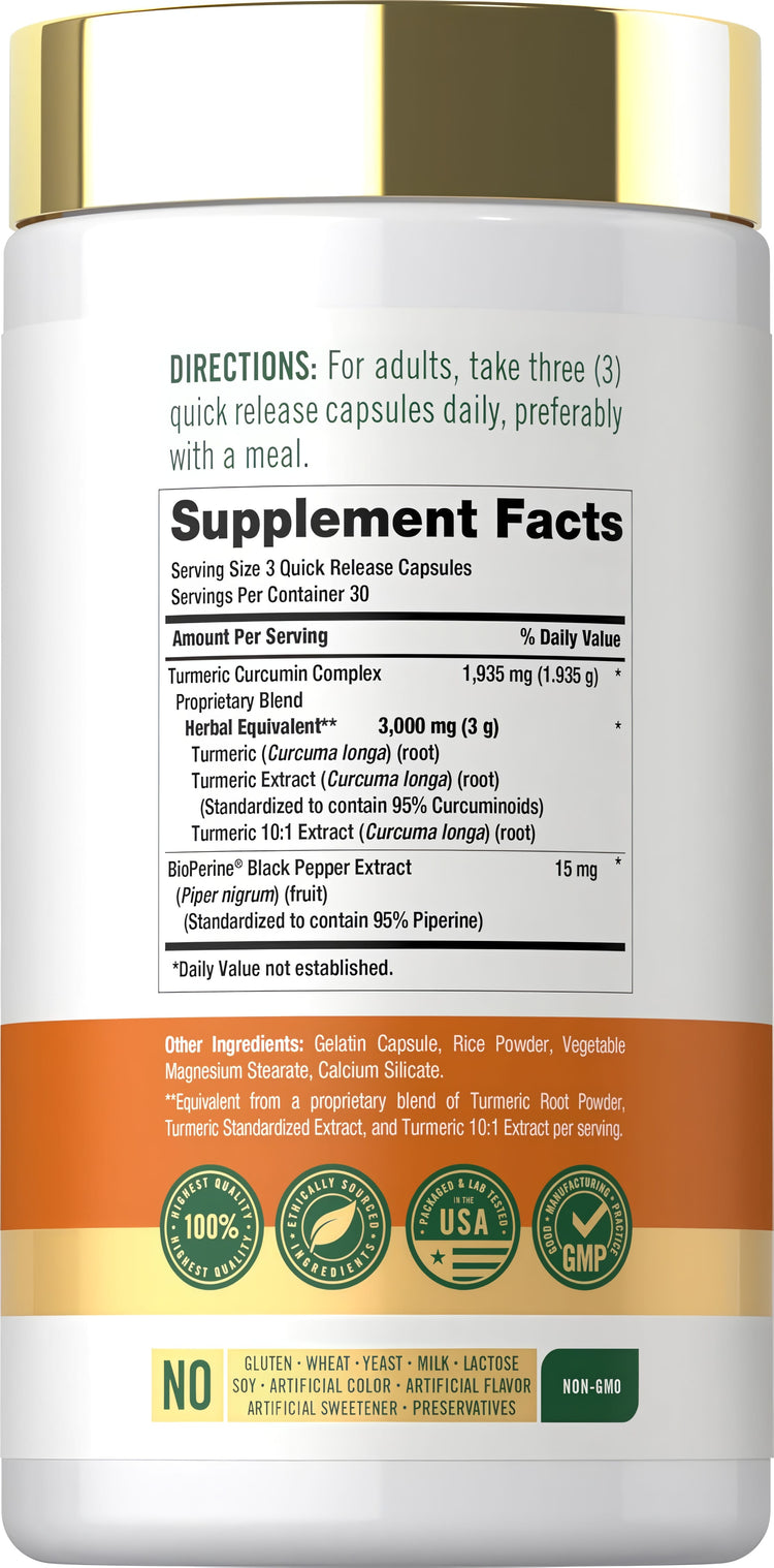 Image showing Supplement Facts panel for Turmeric Curcumin 3000 mg, 90 Capsules.
