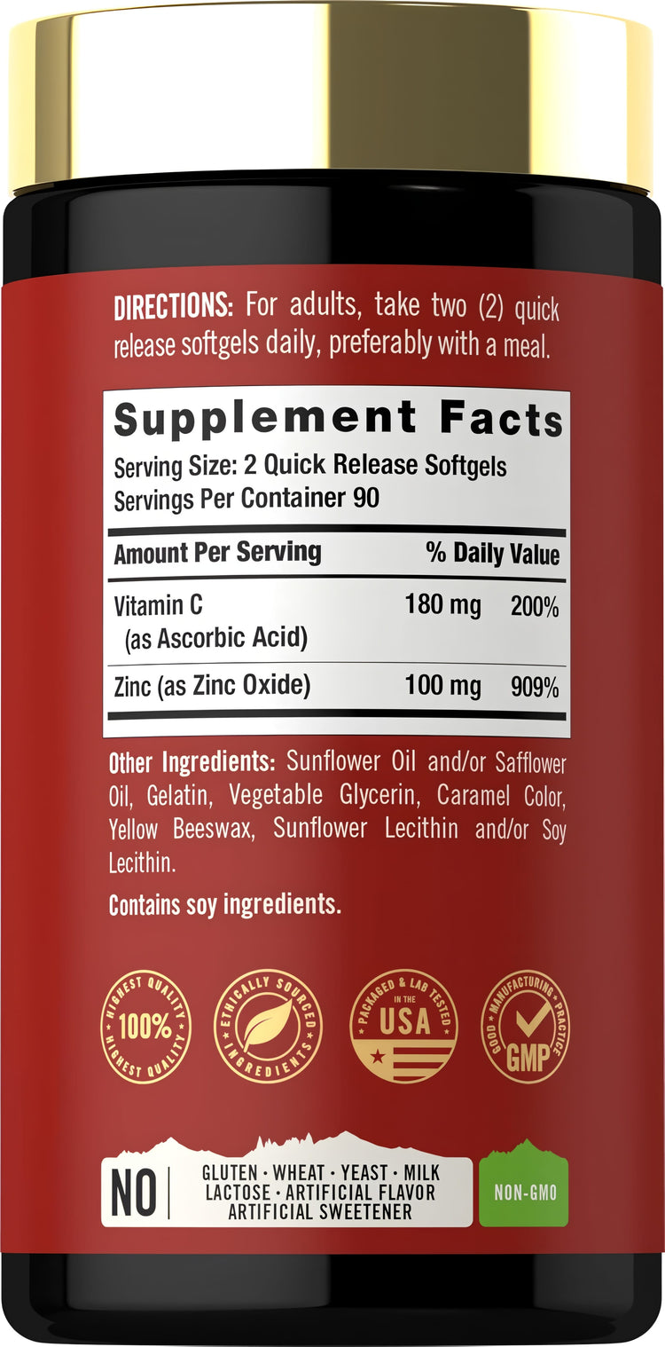 Supplement Facts panel for Tahoe Nutritionals Vitamin C + Zinc, 180 softgels.