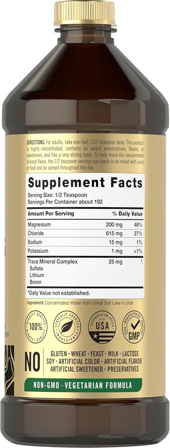 Carlyle Trace Minerals Liquid 16 fl oz bottle displaying Supplement Facts and usage directions.