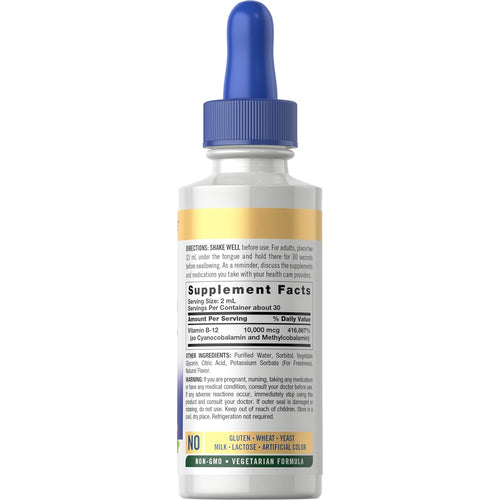 View 2 CL B-12 Liquid 10,000 mcg 2 fl oz bottle with a white label showing Supplement Facts and usage directions.
