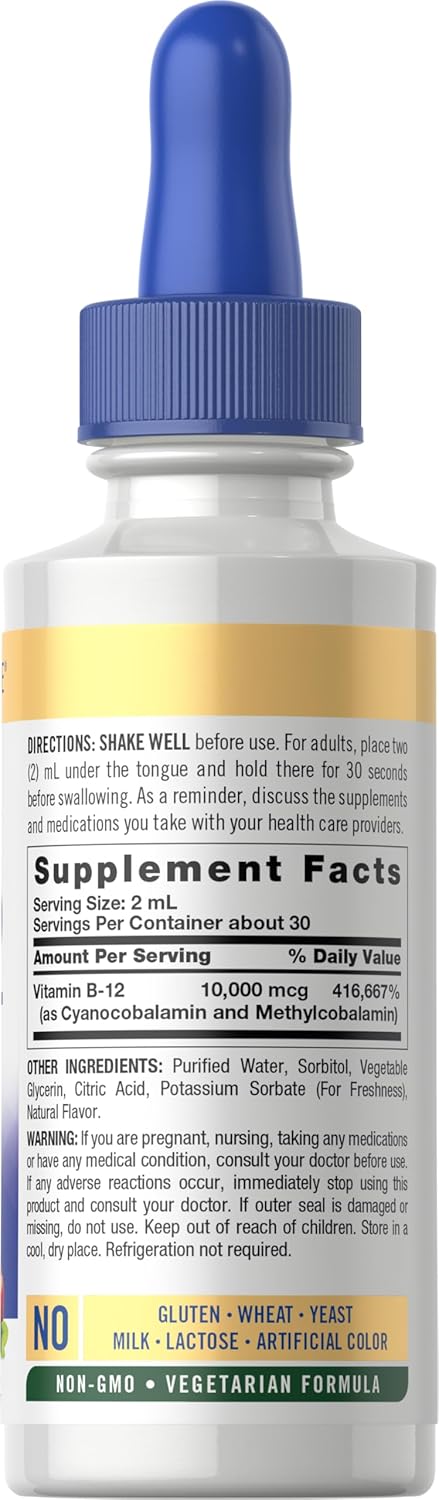 CL B-12 Liquid 10,000 mcg 2 fl oz bottle with a white label showing Supplement Facts and usage directions.