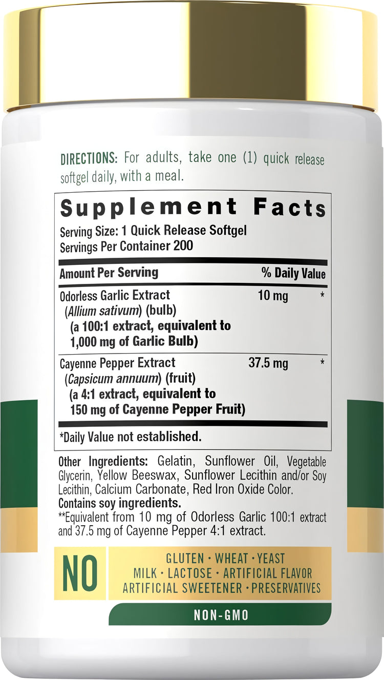 Supplement Facts panel for Odorless Garlic & Cayenne 1150 mg, 200 Softgels.