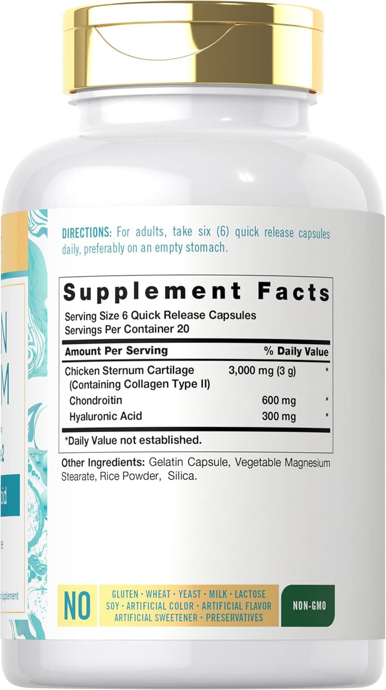 Supplement Facts panel for CL Carlyle Chicken Collagen Type II, 3000 mg, 120 capsules.