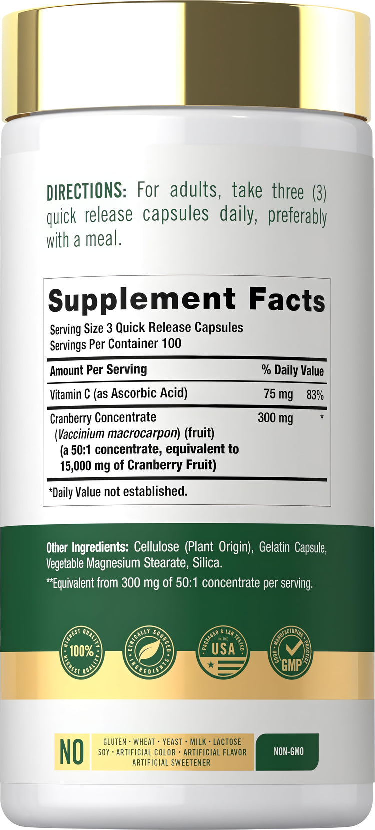 Supplement Facts panel for Carlyle Cranberry 5000 mg with Vitamin C, containing 300 capsules.