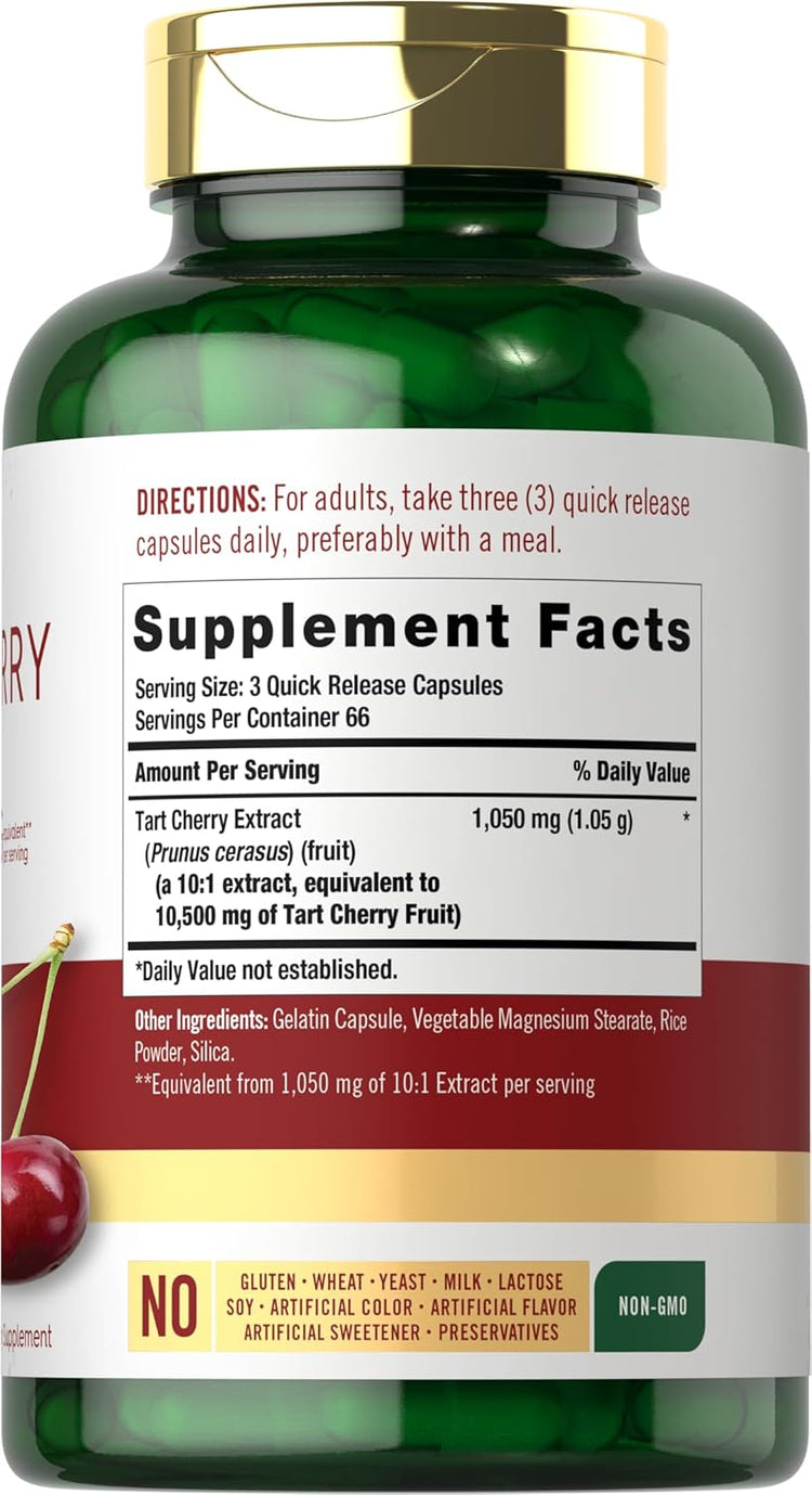 Product shot of Tart Cherry 10500 mg, featuring a bottle with 200 capsules.