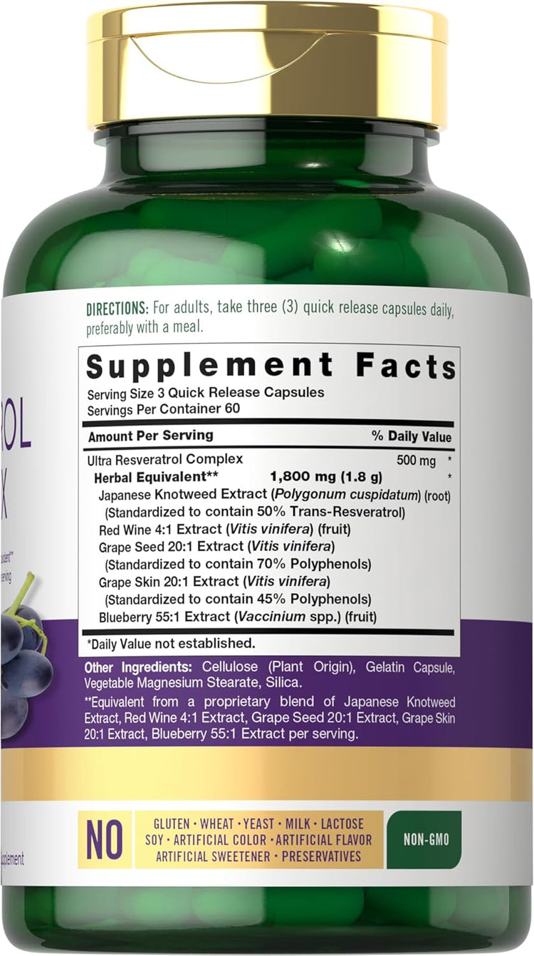 Carlyle Resveratrol 1800 mg Complex 180 Capsules back label showing Supplement Facts and dietary attributes.