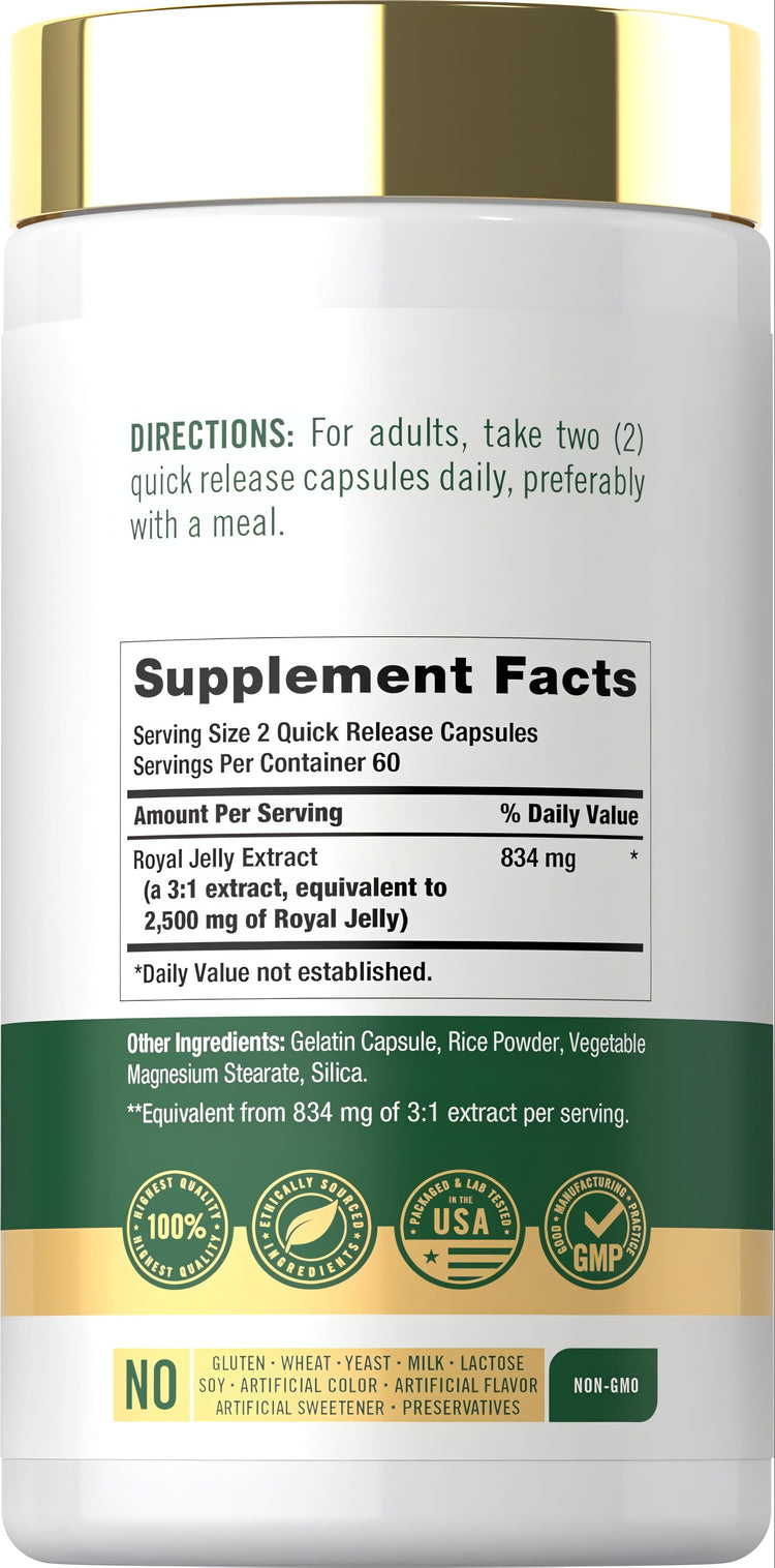 Royal Jelly supplement with 2500 mg per serving, includes 120 quick release capsules for natural health benefits.