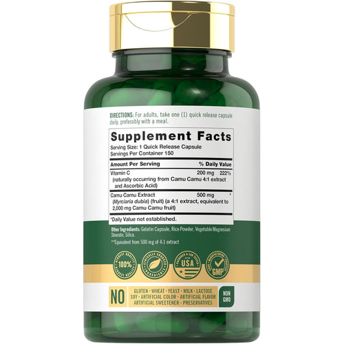 View 2 Supplement Facts panel detailing Camu Camu Extract 2000 mg in 150 capsules.