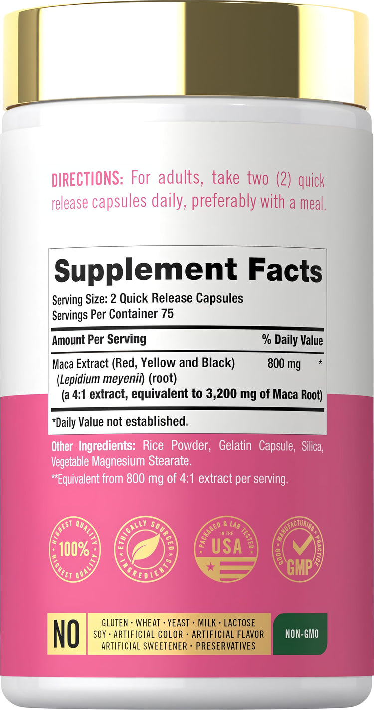 Carlyle Maca Extract 3200mg bottle with 150 quick release capsules.